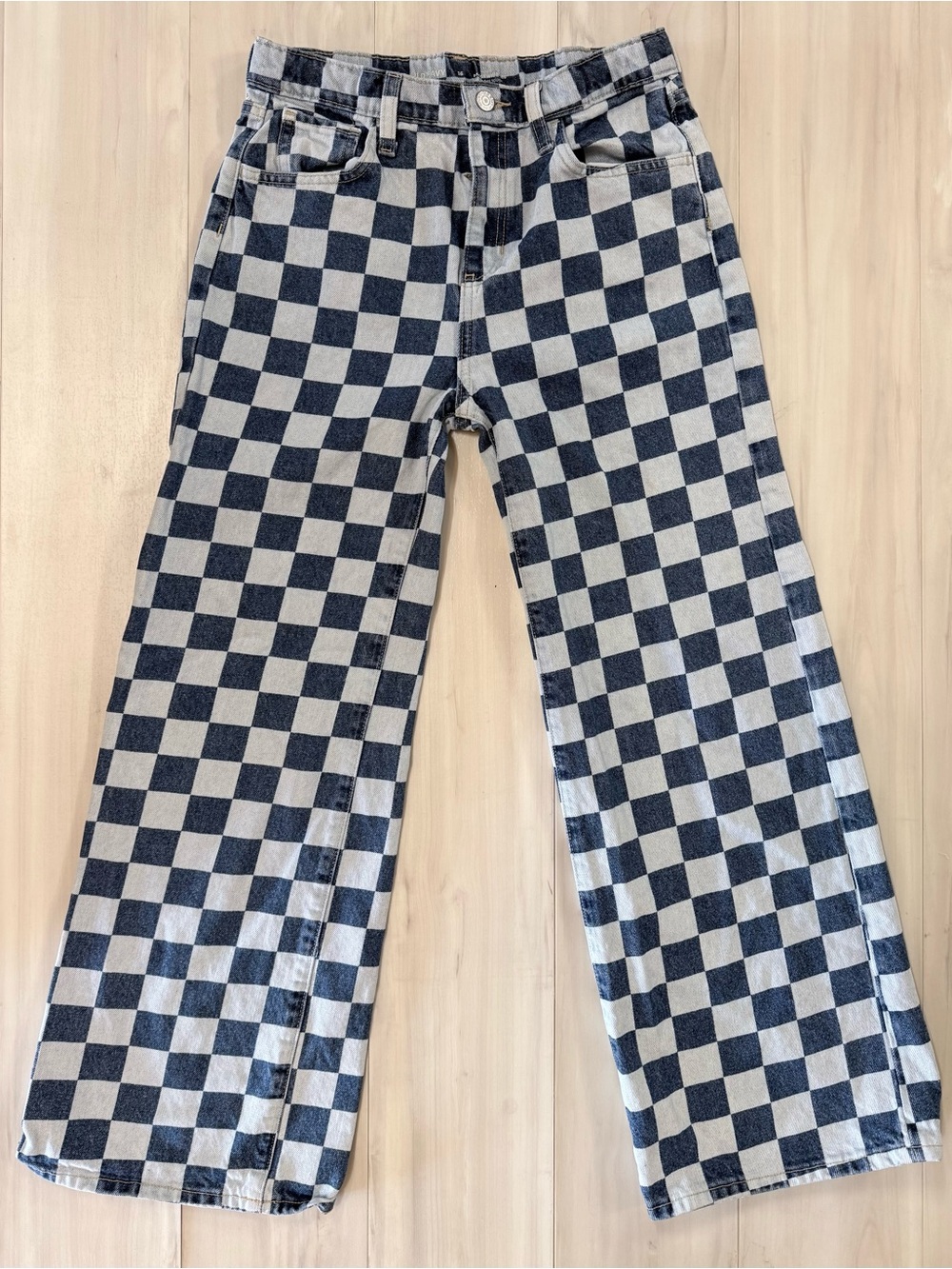 Checkerboard Wide Leg Jeans - Dark and Light Denim